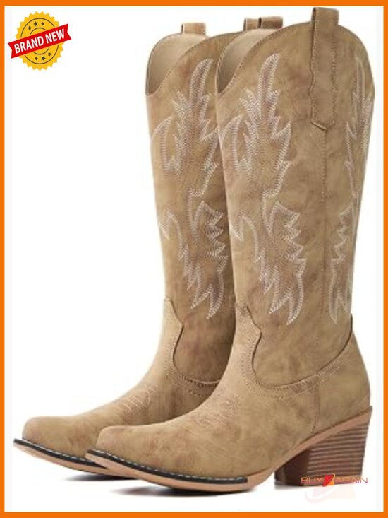 Shoes - Women's Mid Calf Snip Toe Cowboy Boots Embroidered Chunky Heel